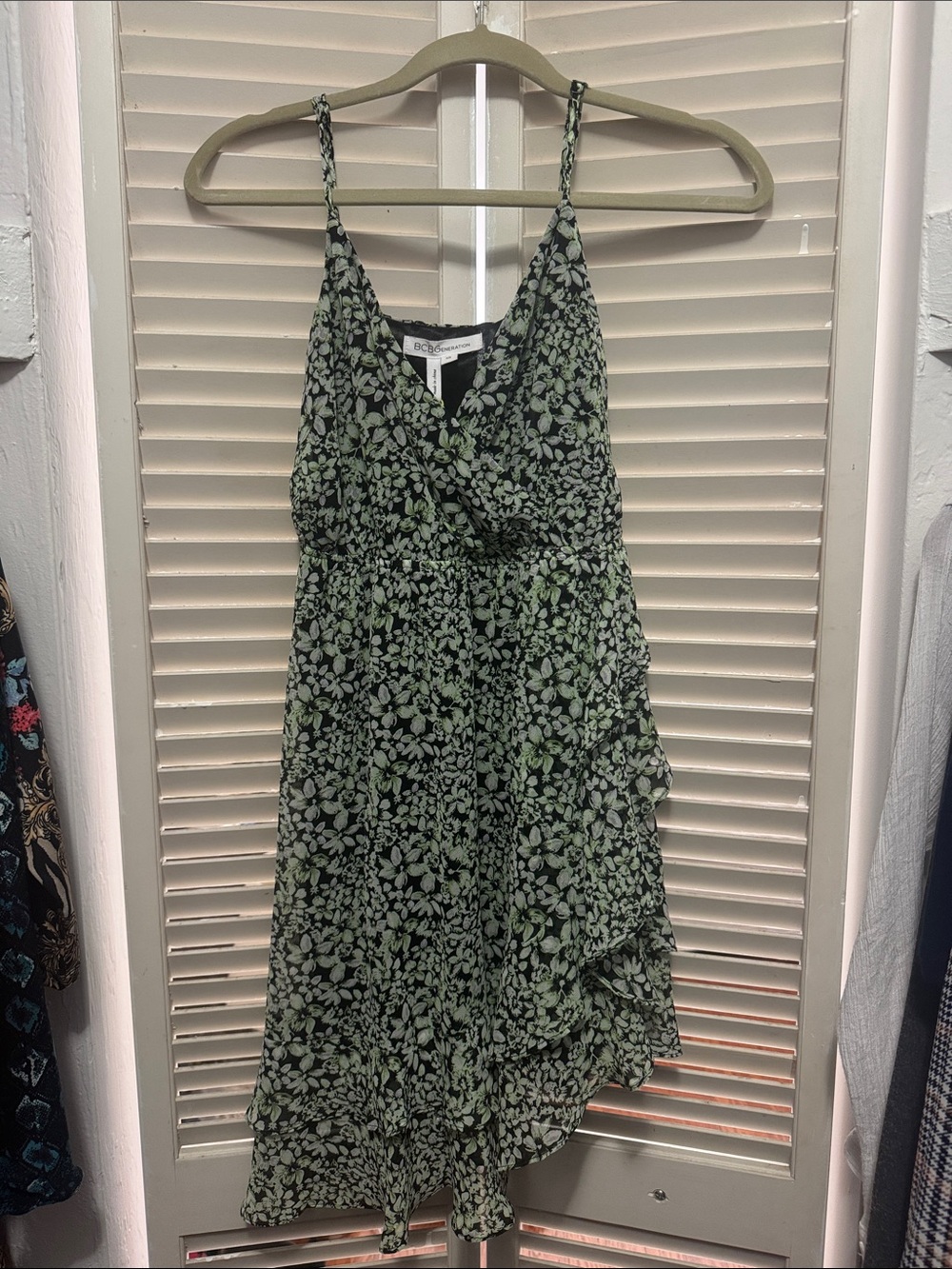BCBGeneration Green Floral Asymmetrical Slip Dress